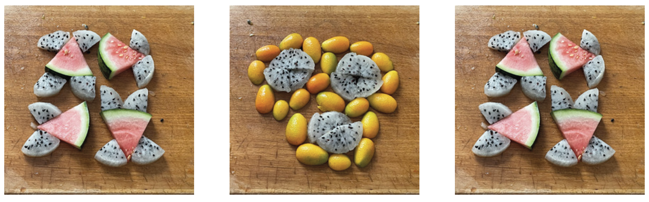 Drei Bilder mit geschnittenen Früchten auf Holzbrett: Wassermelonenstücke und Drachenfruchtstücke links und rechts, in der Mitte Drachenfruchtstücke und gelbe Kumquats.