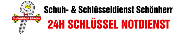 Ein Logo des Schuh- und Schlüsseldienstes Schönherr. Links ist ein illustriertes Bild eines Schlüssels mit einem Gesicht, Händen, einer roten Fliege und einem Schild mit der Aufschrift "Schlüsseldienst Schönherr". Rechts steht in schwarzem Text "Schuh- & Schlüsseldienst Schönherr" und in rotem Text "24H SCHLÜSSEL NOTDIENST".
