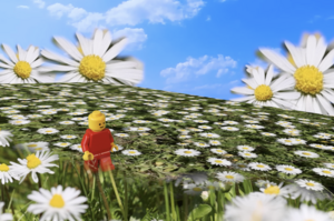 Lego-Figur in rotem Outfit steht auf einer Wiese voller Gänseblümchen unter blauem Himmel mit großen Gänseblümchen im Hintergrund.