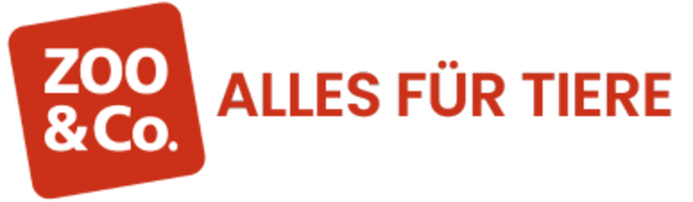 Das Bild zeigt ein Logo mit der Aufschrift "ZOO & Co." in weißer Schrift auf einem roten, abgerundeten Quadrat. Daneben steht in roter Schrift "ALLES FÜR TIERE".