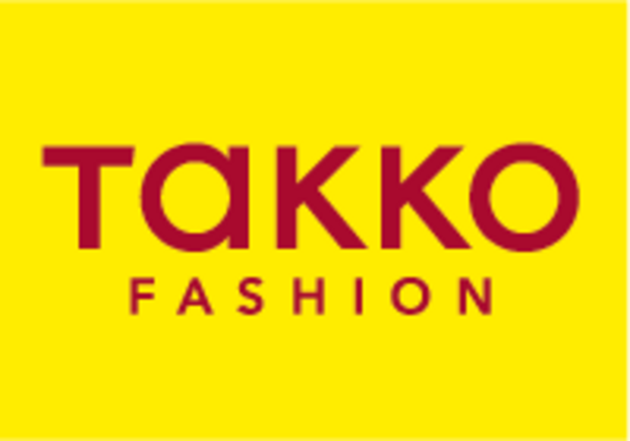 Das Bild zeigt das Logo von "Takko Fashion". Der Hintergrund ist gelb, und die Schrift ist in roten Großbuchstaben. Der Text "TAKKO" steht oben und "FASHION" darunter.