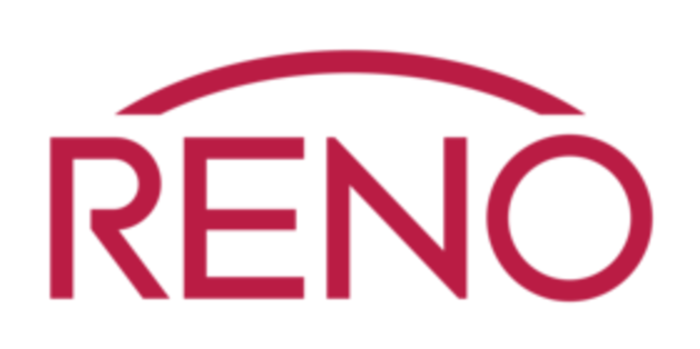 Rotes Logo mit dem Schriftzug "RENO" in Großbuchstaben. Ein gebogener Bogen verläuft über dem Text und verbindet das "R" mit dem "O". Der Hintergrund ist transparent.